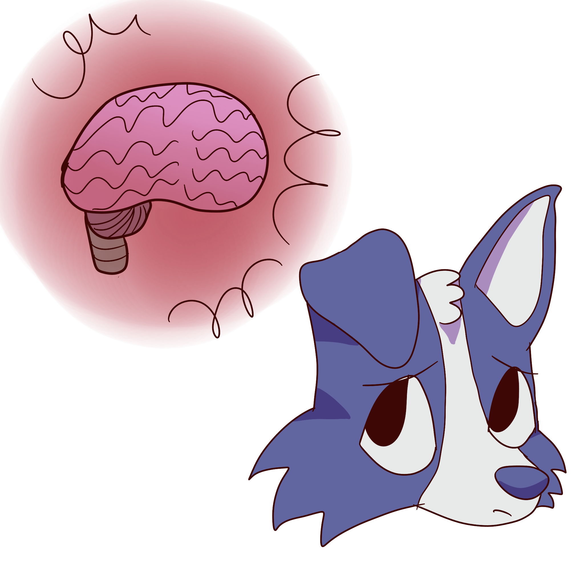 a blue dog looking worried at a red circle with a brain in it